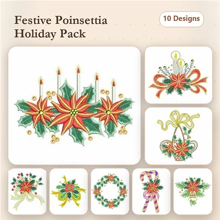 Poinsettia Holiday Embroidery Designs Bundle – Poinsettia Arrangement, Poinsettia Bow, Candles with Poinsettia & More (10 Designs)