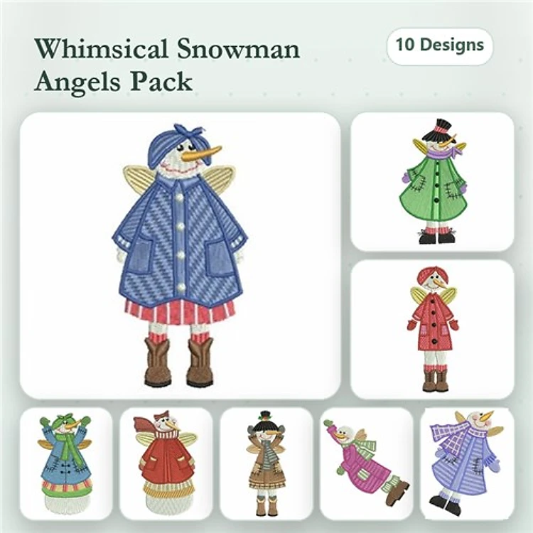 Snowman Angels Embroidery Bundle – Blue, Green, Red, Striped & More (10 Designs)