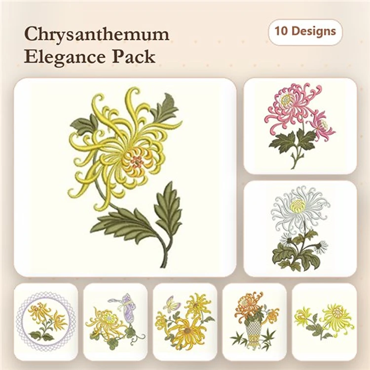 Chrysanthemum Flowers Embroidery Designs Bundle – Yellow, Pink, White Blossoms & More (10 Designs)