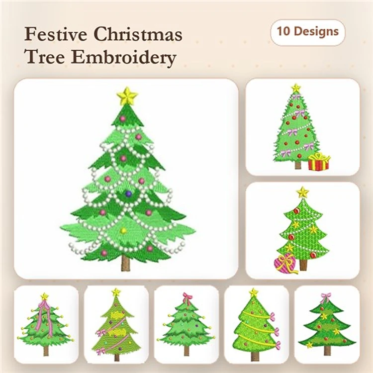 Festive Christmas Trees Embroidery Designs Bundle – Ornaments, Ribbons, Lights & More (10 Designs)