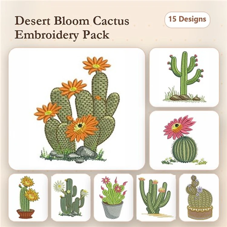 Cactus Embroidery Designs Bundle – Cactus with Orange Flowers, Cactus with Pink Flowers, Potted Cactus & More (15 Designs)