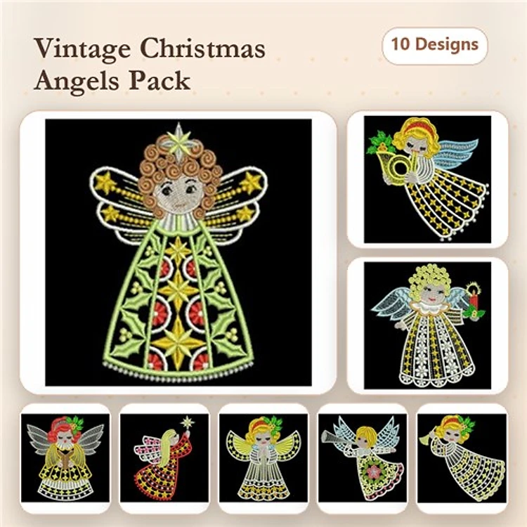 FSL Vintage Christmas Angels Embroidery Designs Bundle – Angel with Ornament, Angel with Star, Angel with Gift & More (10 Designs)