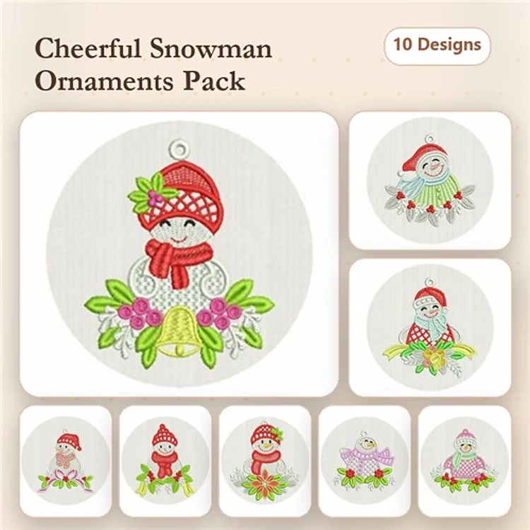 FSL Cheerful Snowman Ornaments Embroidery Designs Bundle – Snowman with Bell, Snowman with Flowers, & More (10 Designs)