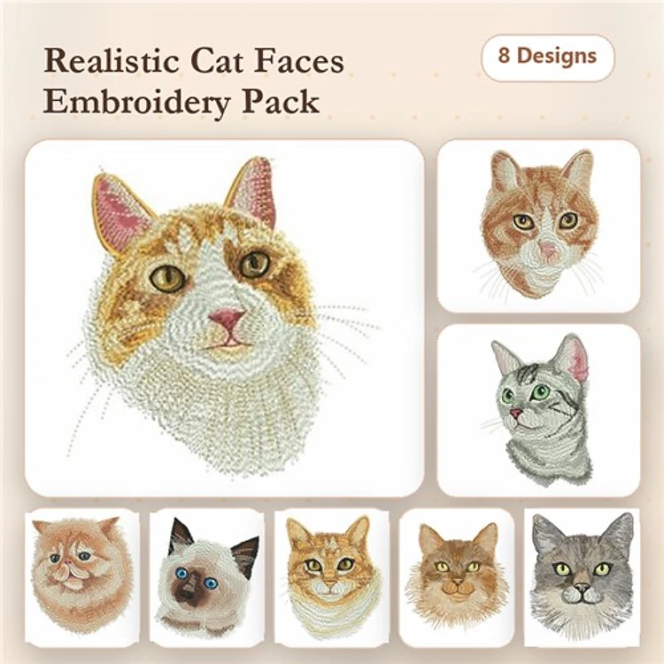 Realistic Cat Faces Embroidery Designs Bundle – Ginger, Siamese, Persian & More (8 Designs)
