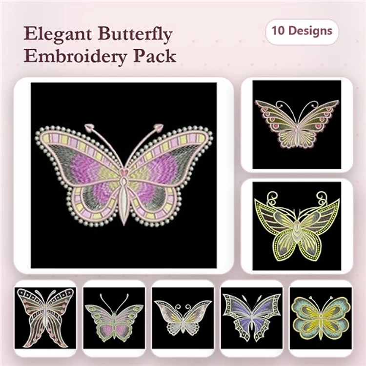 Elegant Butterfly Embroidery Designs Bundle – Elegant Butterfly with Dots, Ornate Butterfly with Patterns & More (10 Designs)