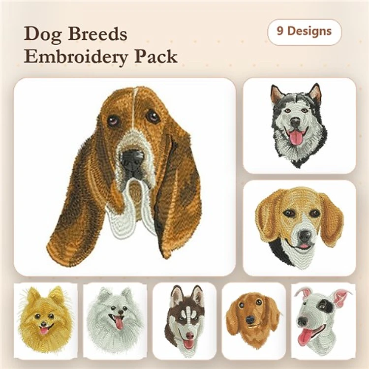 Dog Breed Embroidery Designs Bundle – Pomeranian, Beagle, Dachshund & More (9 Designs)