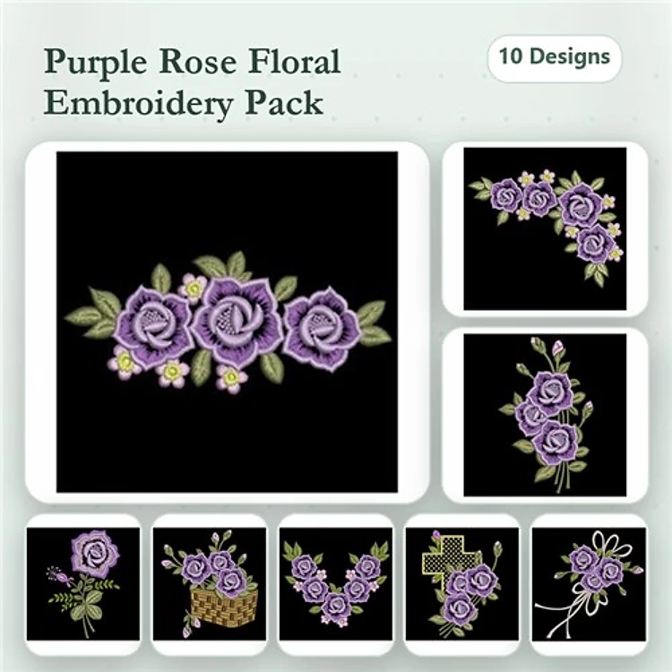 Purple Rose Floral Embroidery Designs Bundle – Bouquet, Roses with Leaves, Floral Cross & More (10 Designs)