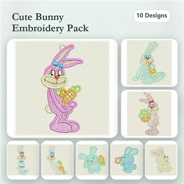 FSL Cute Bunnies Embroidery Designs Bundle – Bunny with Carrot, Blue Bunny, Pink Bunny & More (10 Designs)