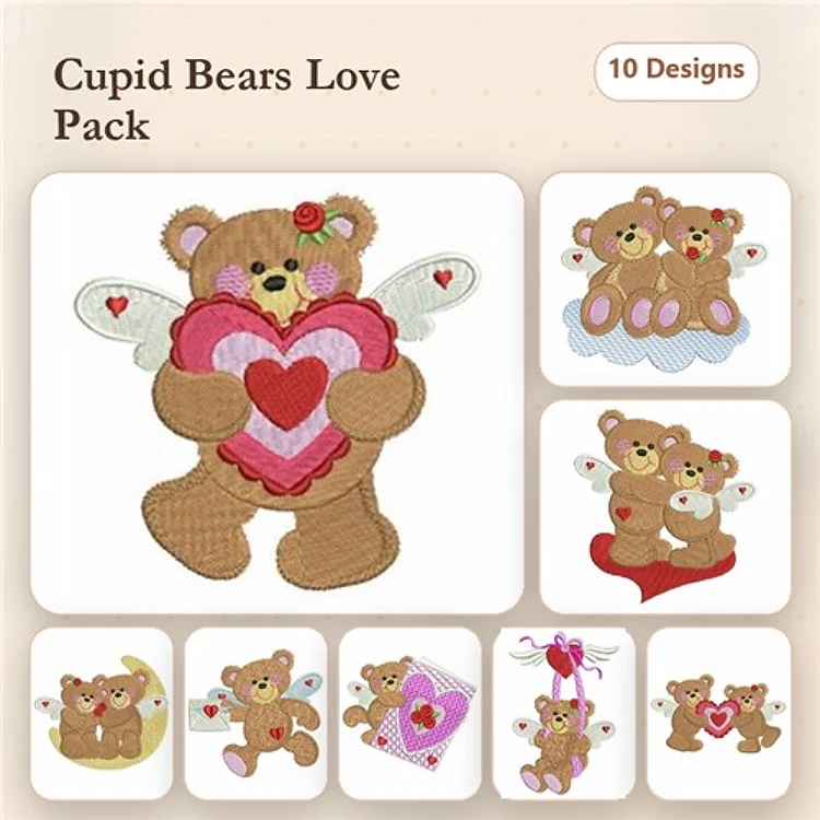 Cupid Bears Embroidery Designs Bundle – Cupid Bear Holding Heart, Cupid Bear with Wings, & More (10 Designs)