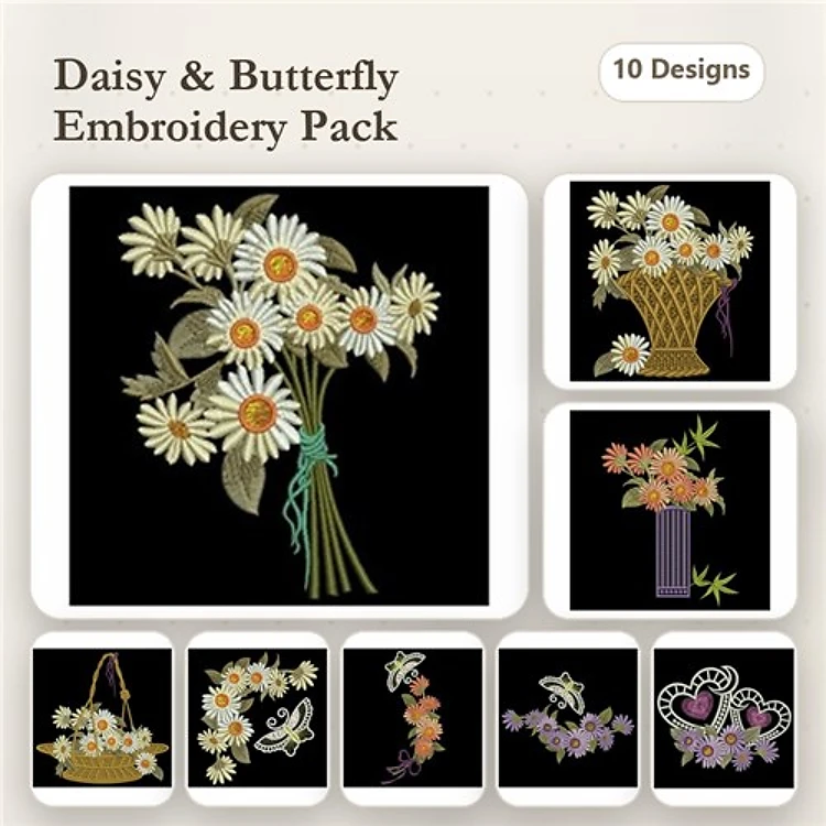 Floral Embroidery Designs Bundle – Daisy Bouquet, Daisy Basket, Butterfly with Daisies & More (10 Designs)