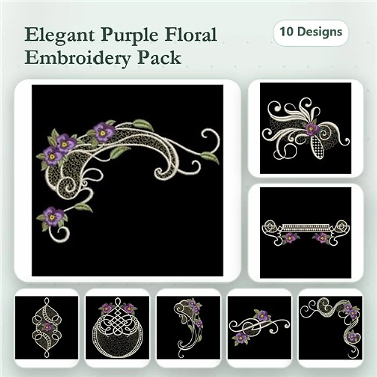 FSL Elegant Floral Embroidery Bundle – Floral Swirl with Purple Flowers, Decorative Floral Corner, Ornamental Floral Frame & More (10 Designs)