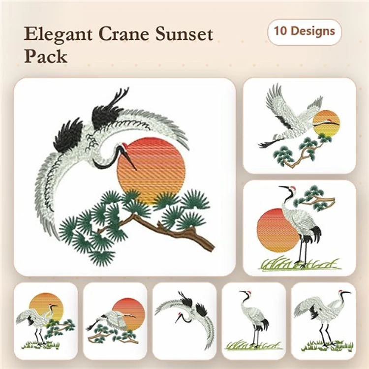 Elegant Cranes Embroidery Bundle – Flying Crane with Sunset, Crane on Pine Branch, Standing Crane & More (10 Designs)