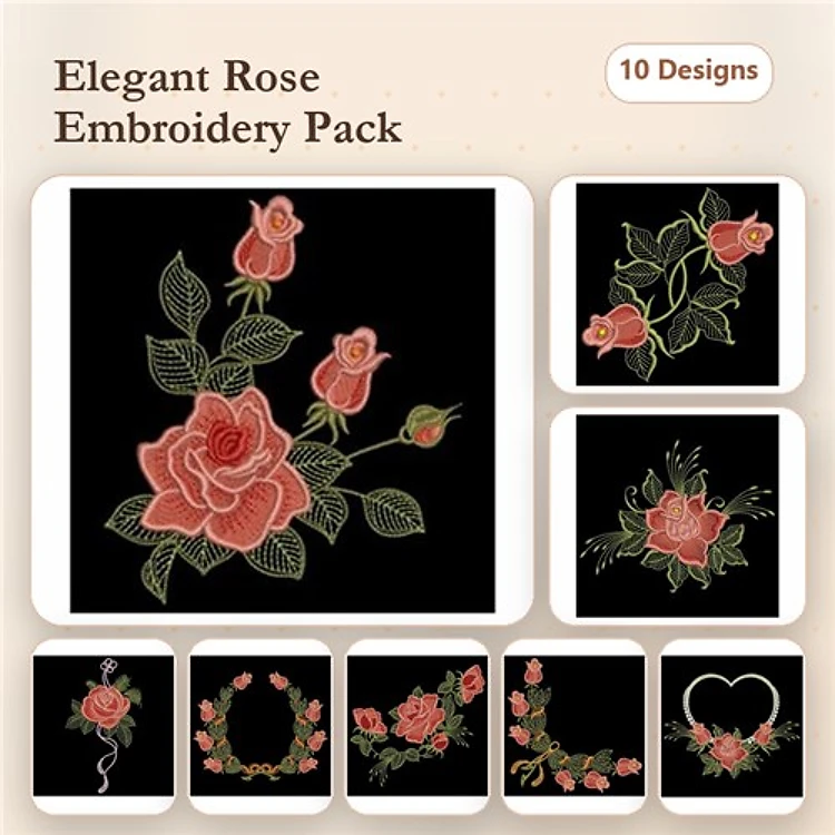 Elegant Rose Embroidery Designs Bundle – Single Rose, Bunch of Roses, Rose Wreath & More (10 Designs)