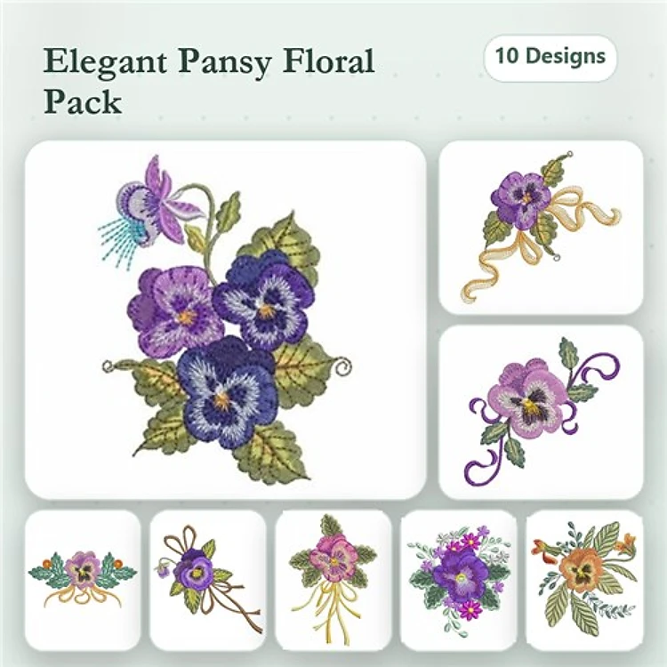 Floral Pansy Embroidery Bundle – Pansy Bouquet, Single Pansy Flower, Pansy with Leaves & More (10 Designs)