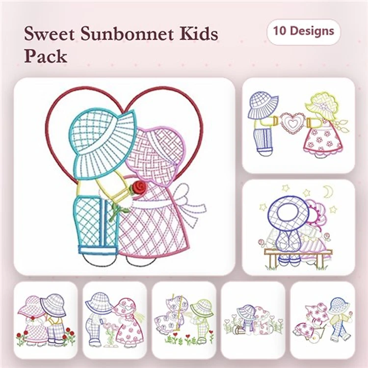 Redwork Sunbonnet Kids Embroidery Bundle – Holding Hearts, Girl with Rose, Boy with Balloon & More (10 Designs)