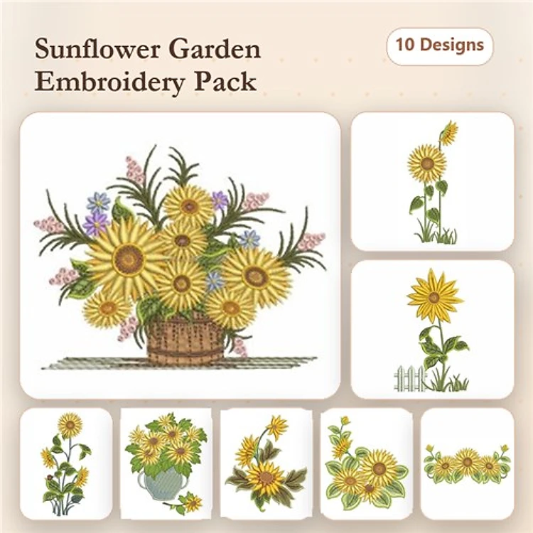 Sunflower Garden Embroidery Bundle – Sunflower Bouquet, Single Sunflower, Sunflower in Pot & More (10 Designs)