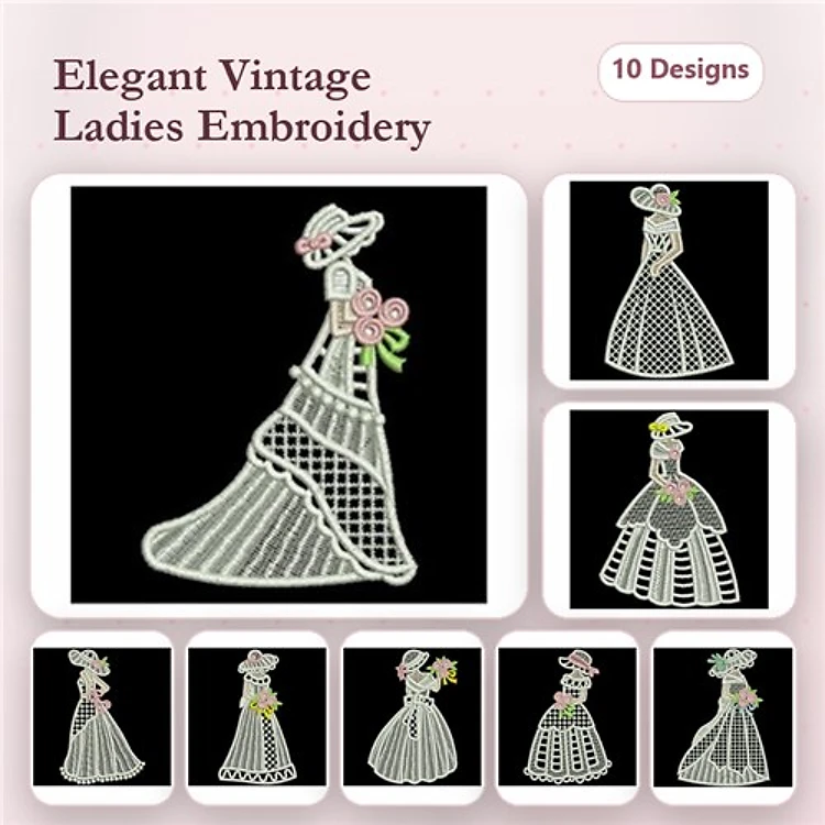 FSL Elegant Vintage Ladies Embroidery Designs Bundle – Lady with Hat, Floral Detail, Pink Dress & More (10 Designs)