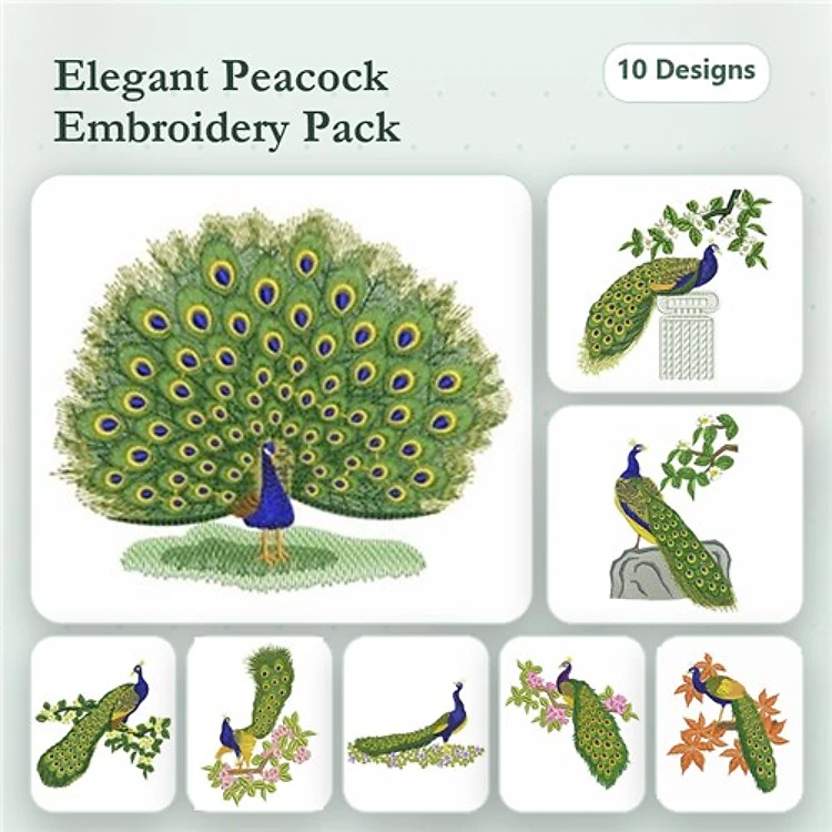 Peacock Embroidery Bundle – Peacock Display, Peacock with Flowers, Peacock on a Branch & More (10 Designs)