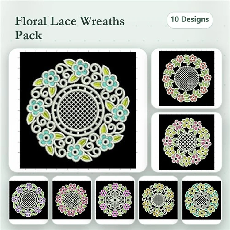 FSL Floral Lace Wreath Embroidery Bundle – Blue, Pink, Green, Purple Flowers & More (10 Designs)