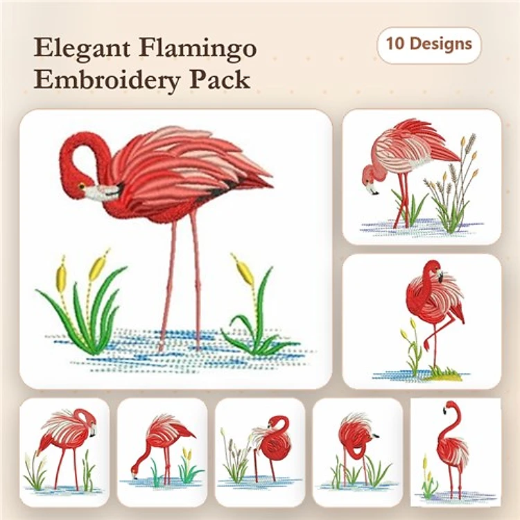 Elegant Flamingos Embroidery Designs Bundle – Flamingo Standing by Water, Flamingo with Grass, & More (10 Designs)