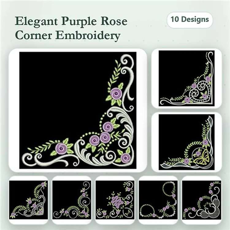 Floral Embroidery Bundle – Elegant Purple Rose Corner 1, Elegant Purple Rose Corner 2 & More (10 Designs)