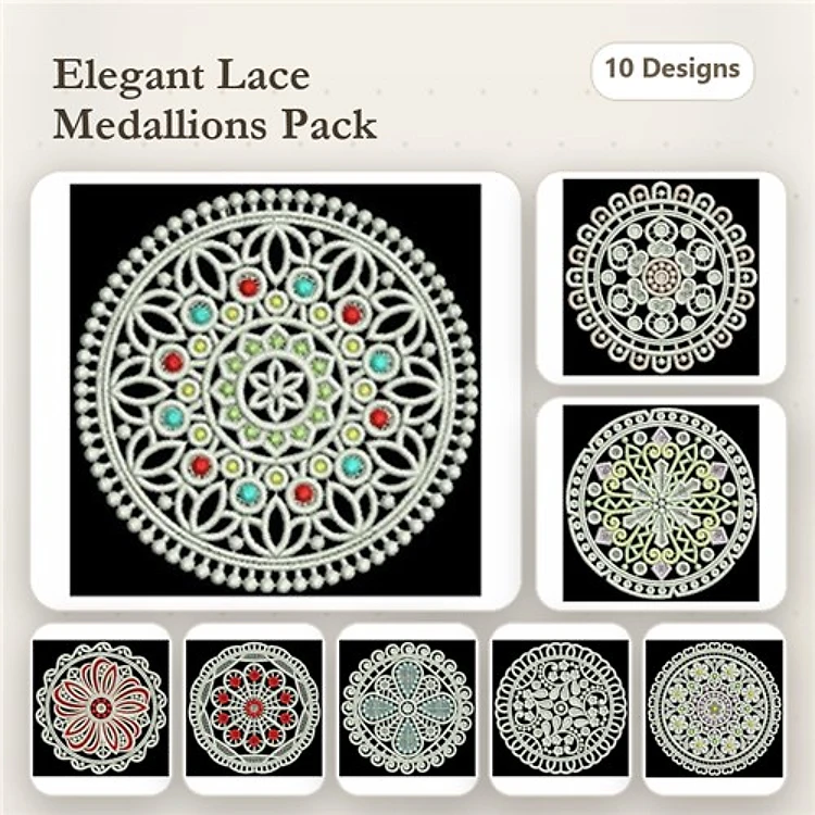 FSL Elegant Lace Medallions Embroidery Bundle – Floral Lace Medallion, Ornamental Lace Medallion, & More (10 Designs)