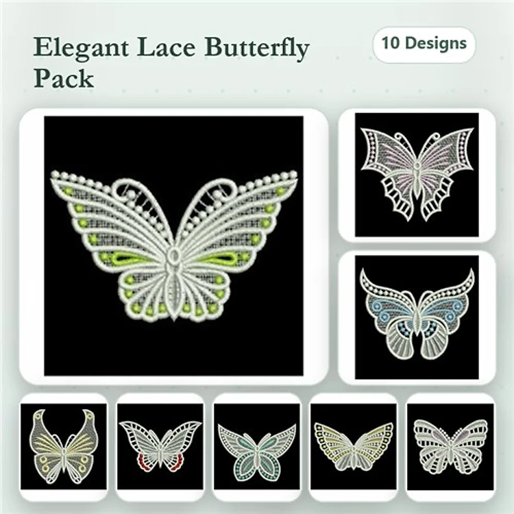 FSL Lace Butterflies Embroidery Designs Bundle – Elegant Lace Butterfly Design 1, Elegant Lace Butterfly Design 2 & More (10 Designs)