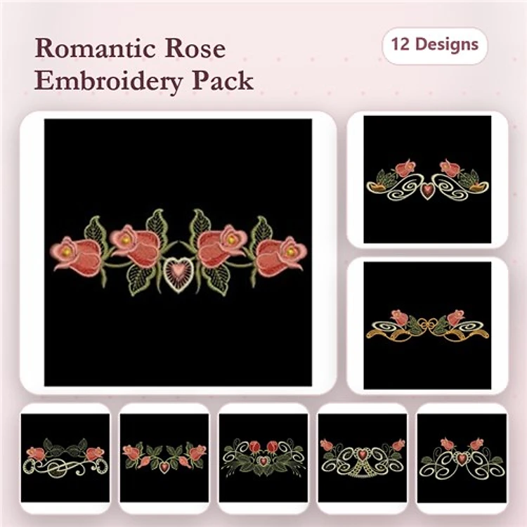 Romantic Rose Embroidery Designs Bundle – Rose Wreath, Heart with Roses, Rose Bouquet & More (12 Designs)