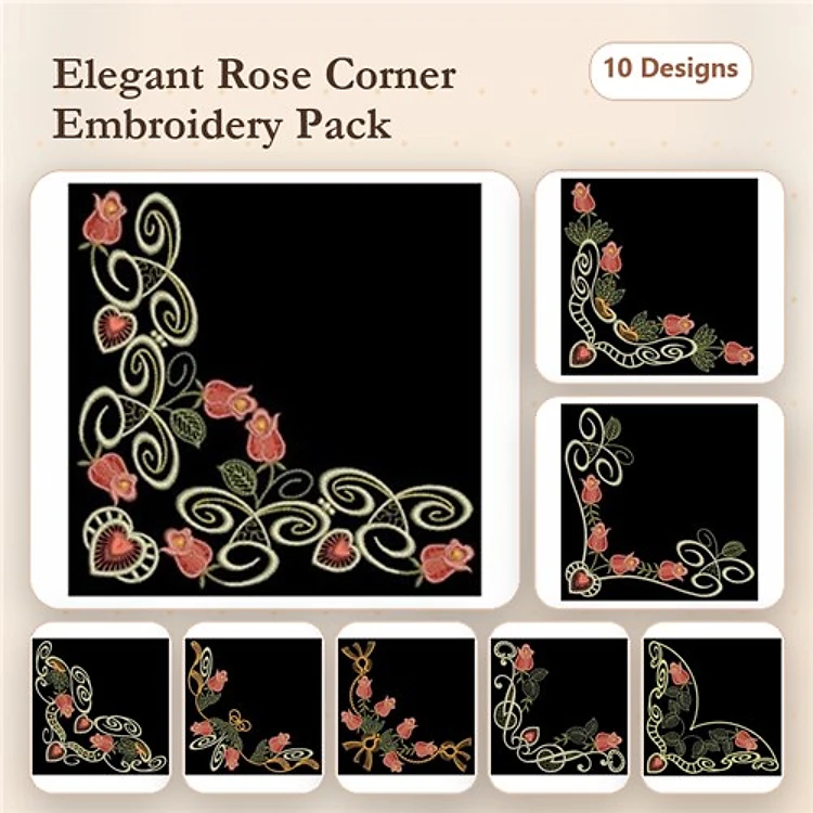 Elegant Rose Corner Embroidery Designs Bundle – Rose Corner with Swirls, Floral Corner with Roses, & More (10 Designs)
