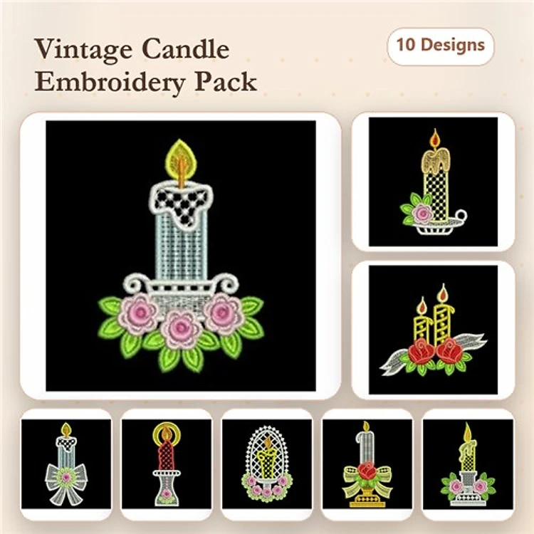 FSL Vintage Candle Embroidery Designs Bundle – Candle with Roses, Candle with Bow, Striped Candle & More (10 Designs)