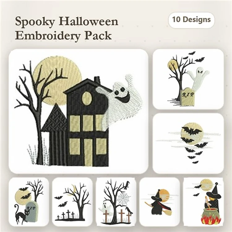 Spooky Halloween Embroidery Designs Bundle – Haunted House, Ghost, Witch on Broomstick, Pumpkin & More (10 Designs)