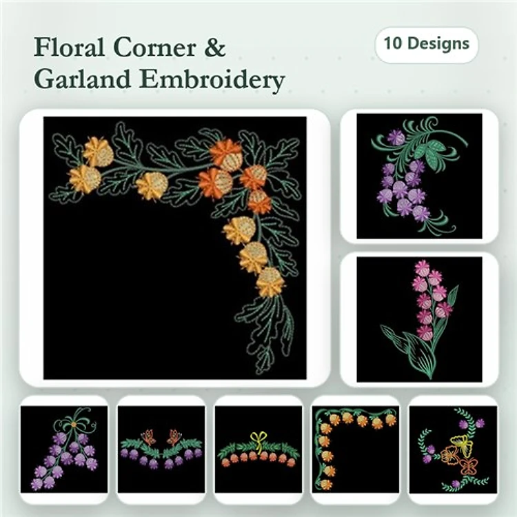 Floral Corner & Garland Embroidery Bundle – Orange & Purple Flowers, Green Leaves & More (10 Designs)