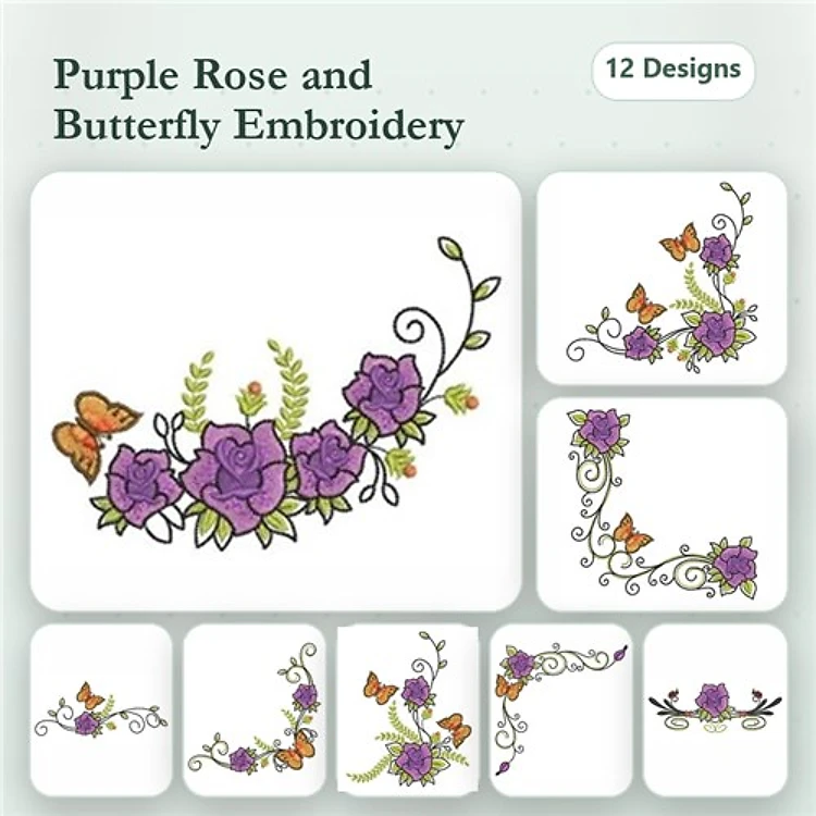 Floral Embroidery Designs Bundle – Purple Rose Arrangement, Butterfly with Flowers, Rose and Butterfly Vine & More (12 Designs)