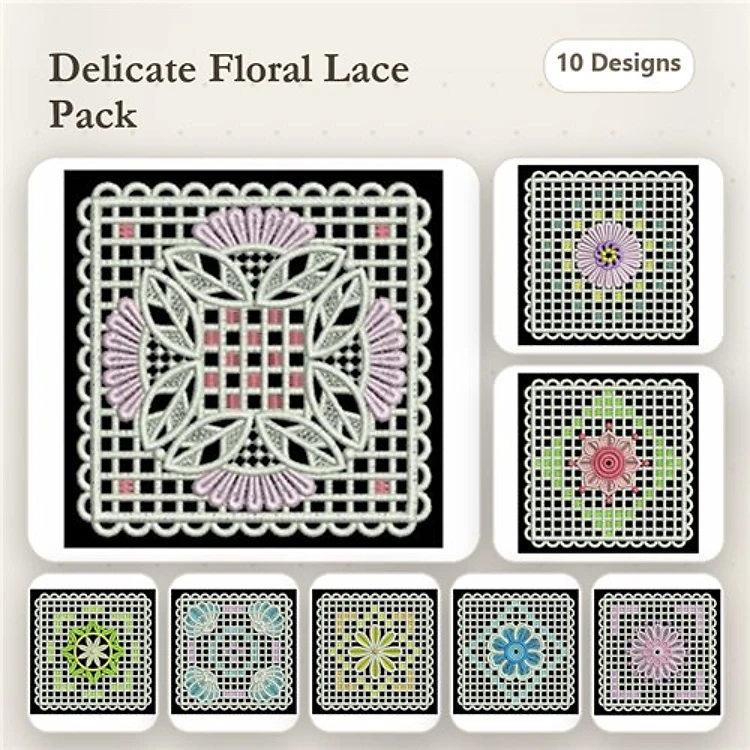 FSL Floral Lace Embroidery Designs Bundle – Floral Lace Square with Center, Geometric Floral Lace, & More (10 Designs)