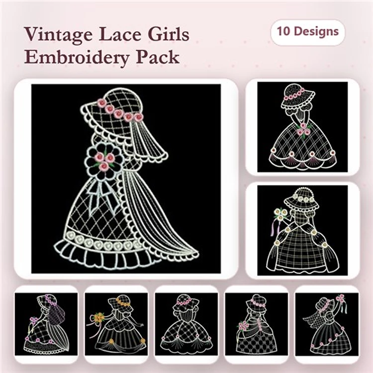 FSL Vintage Lace Girls Embroidery Designs Bundle – Lace Girl with Hat, Lace Girl with Bouquet & More (10 Designs)