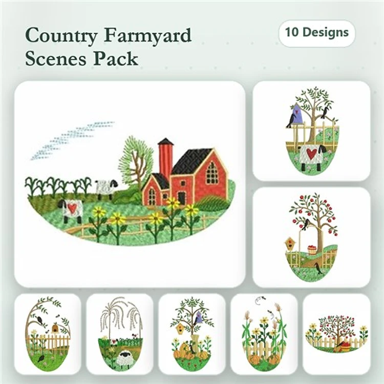 Farmyard Scenes Embroidery Designs Bundle – Red Barn, Gardening Woman, Chicken Coop & More (10 Designs)