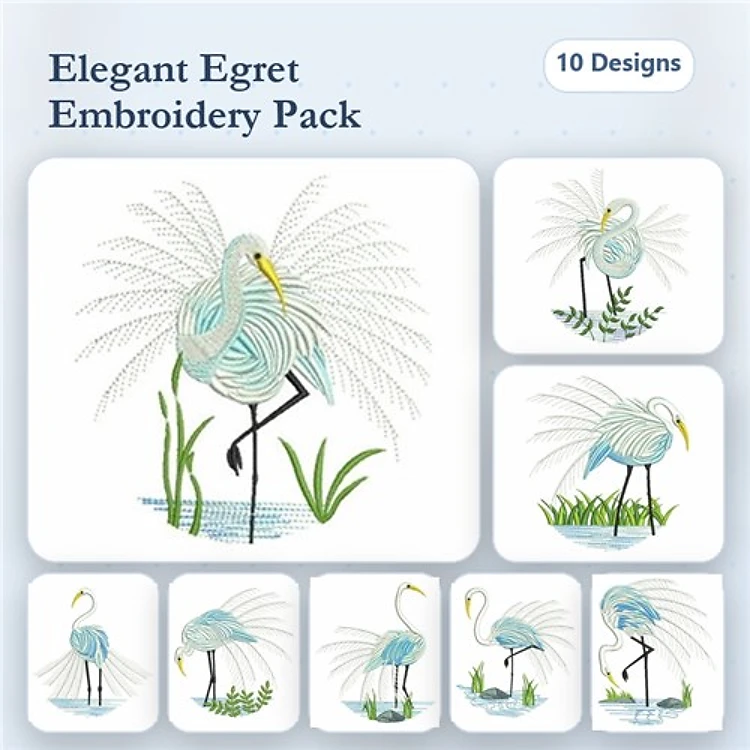 Elegant Egret Embroidery Bundle – Egret with Feathers, Egret in Water, Egret with Open Wings & More (10 Designs)