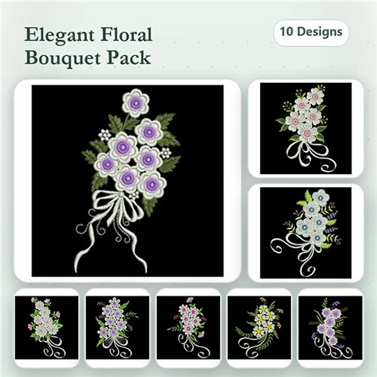 Floral Bouquet Embroidery Designs Bundle – Elegant Floral Bouquet with Purple Flowers, White Flowers, Mixed Flowers & More (10 Designs)