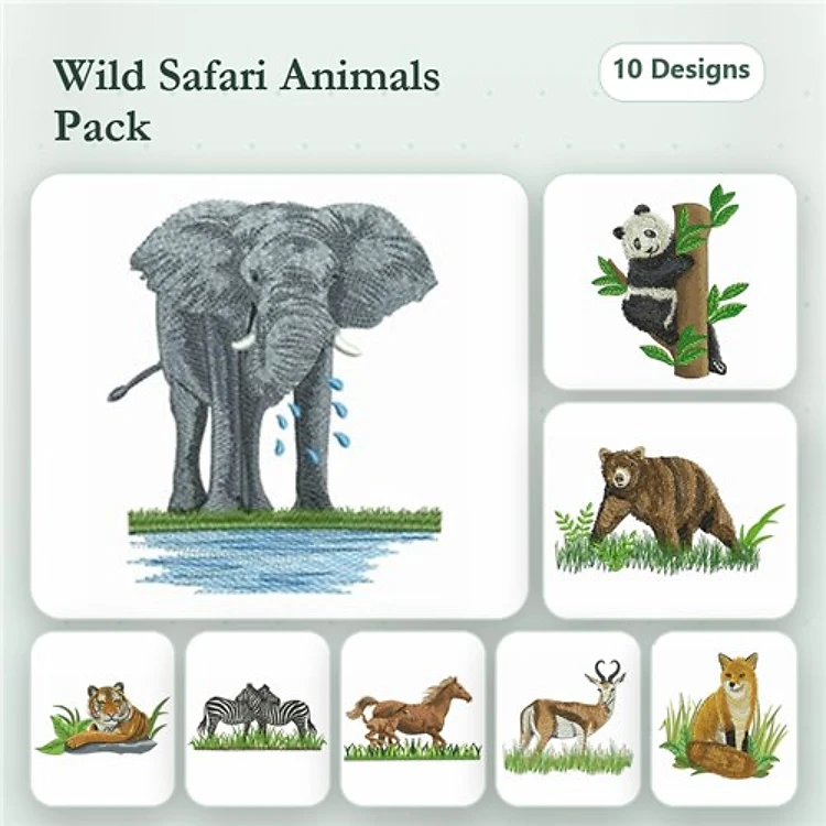 Wild Safari Animals Embroidery Bundle – Elephant, Panda Bear, Brown Bear & More (10 Designs)