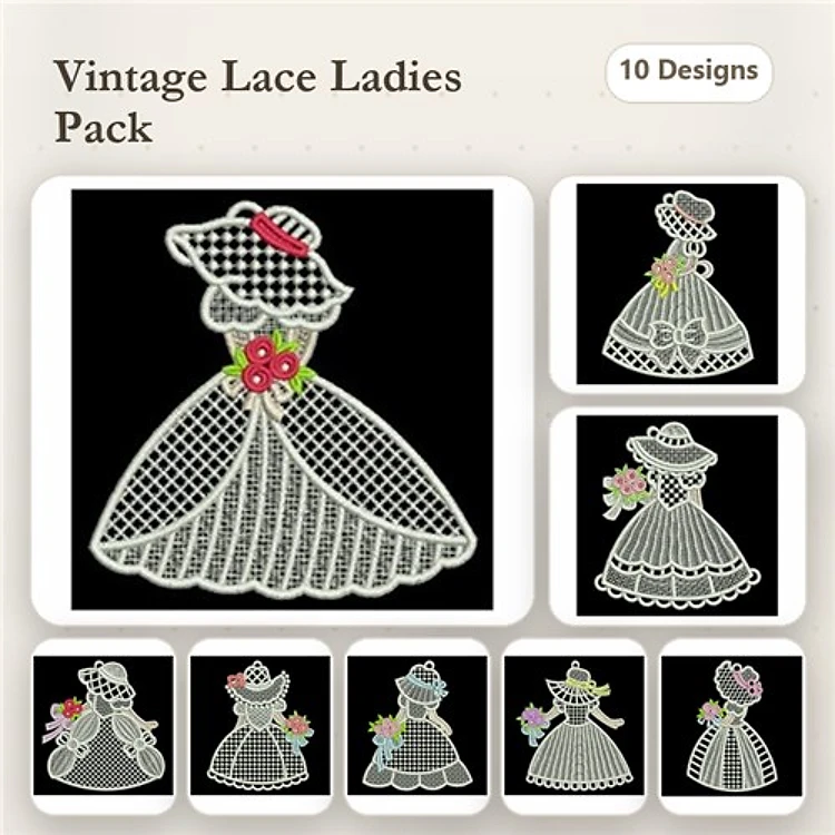 FSL Lace Lady Embroidery Designs Bundle – Lace Lady with Red Hat, Lace Lady with Pink Flower & More (10 Designs)