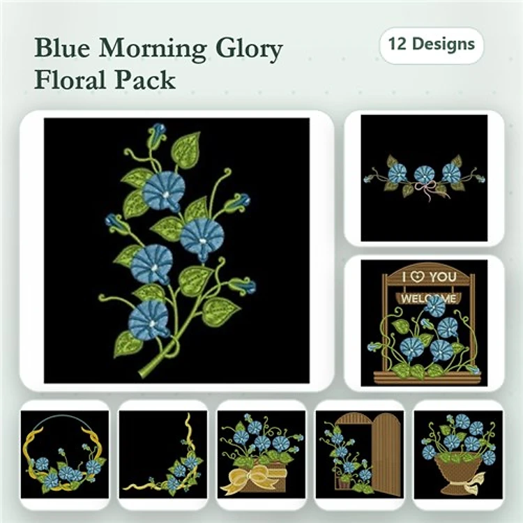 Floral Embroidery Designs Bundle – Morning Glory Vine, Bouquet, Welcome Sign & More (12 Designs)