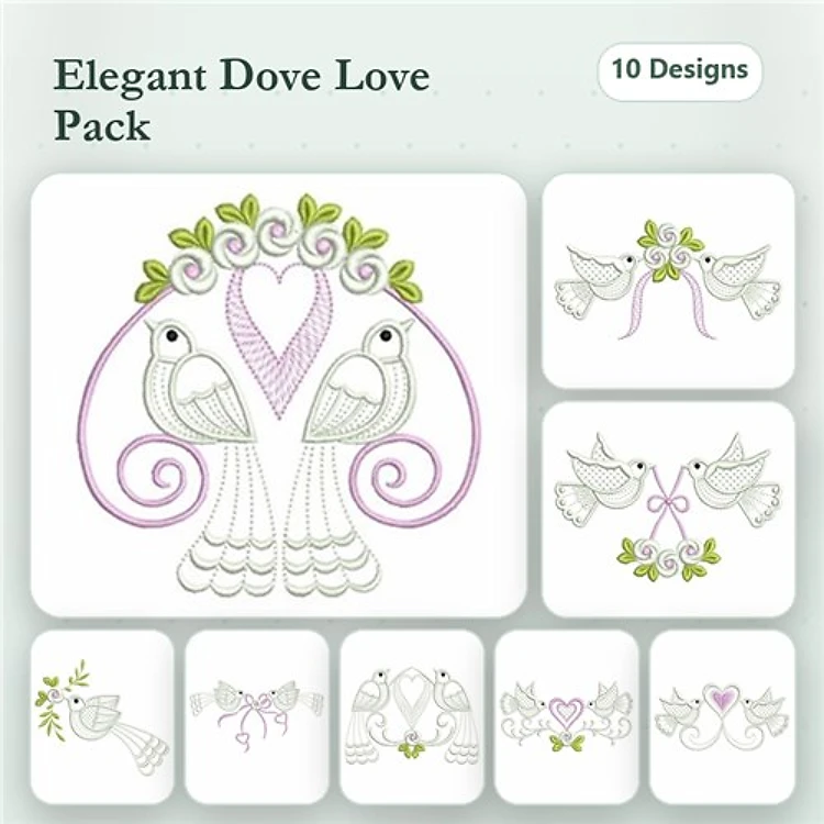 Dove-Themed Love Embroidery Bundle – Doves with Heart and Vines, Love Doves with Ribbon & More (10 Designs)
