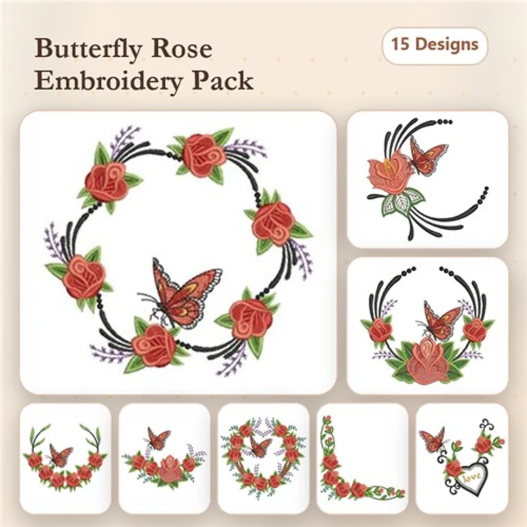 Butterflies & Roses Embroidery Designs Bundle – Rose Wreath with Butterfly, Floral Heart, Rose Corner & More (15 Designs)