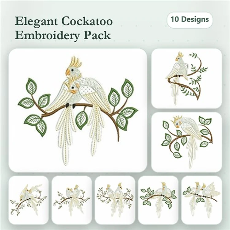Elegant Cockatoos Embroidery Designs Bundle – Cockatoo on Branch with Leaves, Cockatoo Pair on Branch & More (10 Designs)