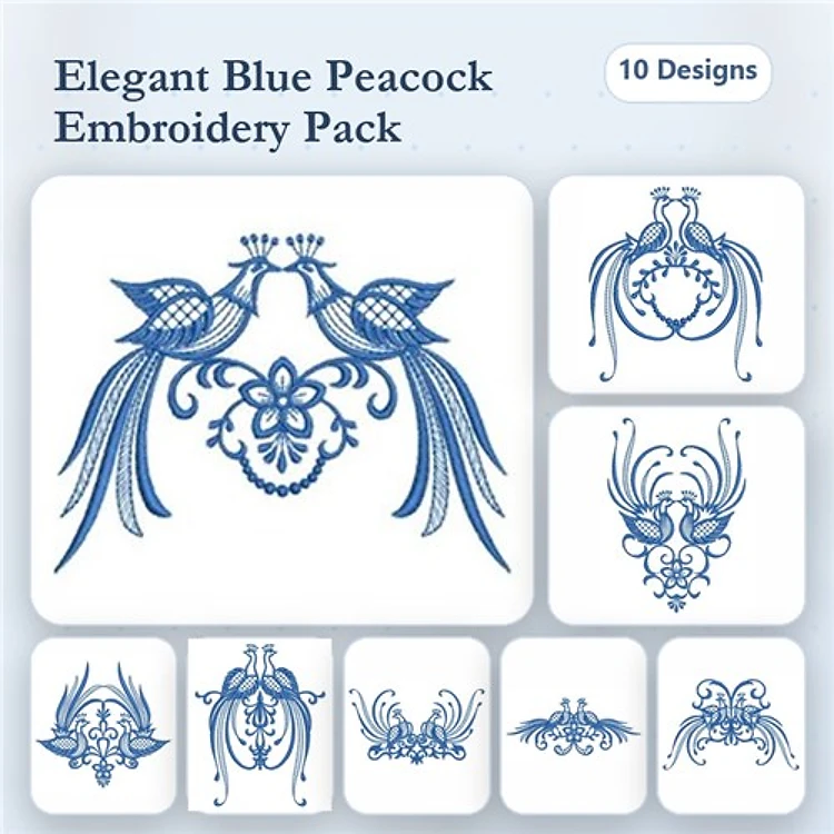 Redwork Elegant Blue Peacock Embroidery Bundle – Peacock Pair, Ornate Peacock Design, Floral Peacock Ornament & More (10 Designs)
