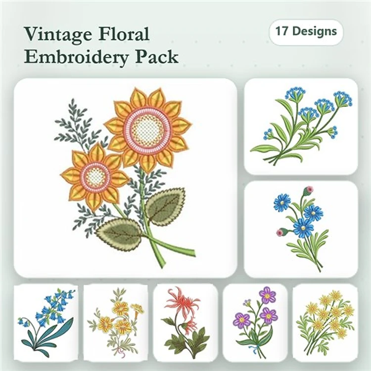 Floral Embroidery Designs Bundle – Sunflower Bouquet, Bluebell Cluster, Wildflower Arrangement & More (17 Designs)