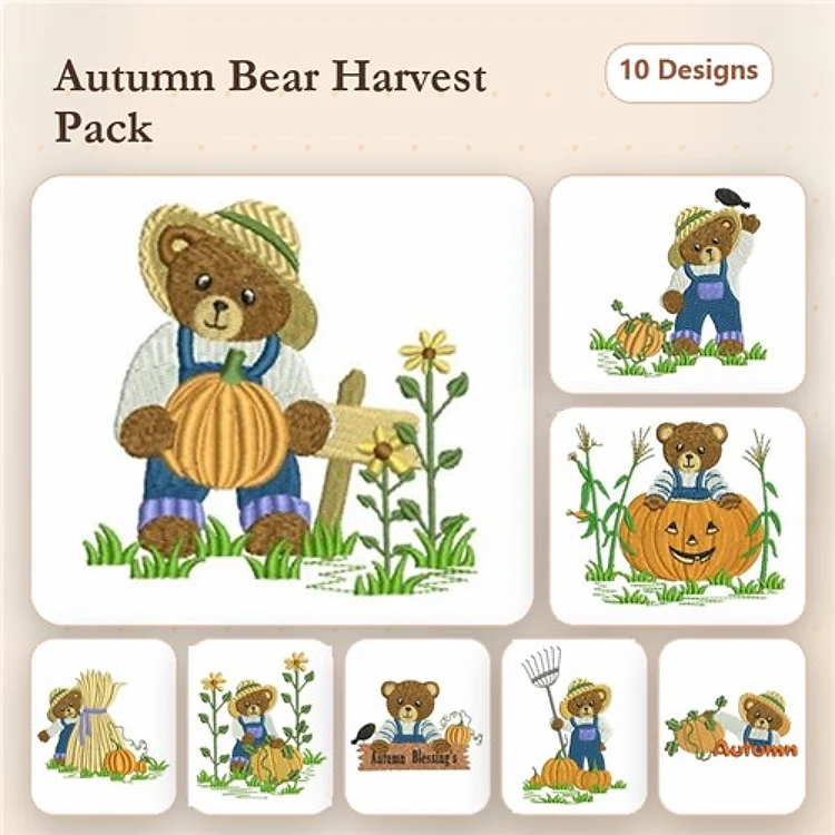 Autumn Bear Harvest Embroidery Designs Bundle – Bear with Pumpkin, Bear with Rake, Bear in Straw Hat & More (10 Designs)