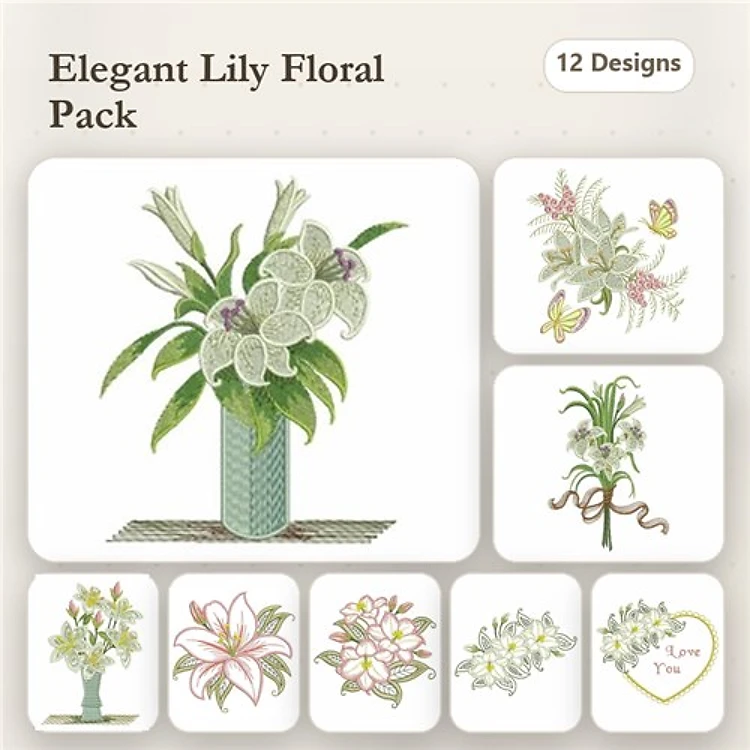 Lily Floral Arrangements Embroidery Designs Bundle – Elegant Lily Arrangement, White Lily Bouquet & More (12 Designs)