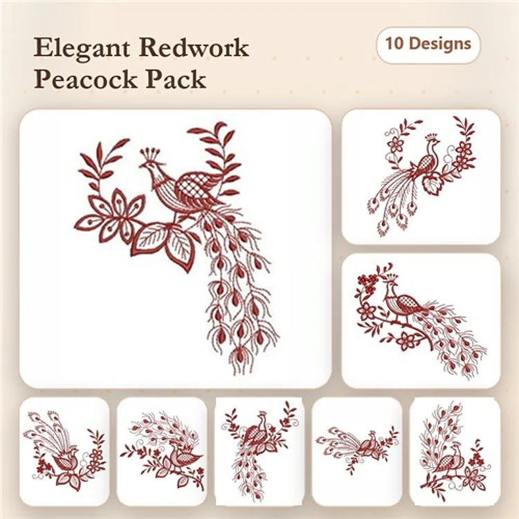 Redwork Elegant Peacock Embroidery Bundle – Peacock with Leaves, Peacock with Flowers, & More (10 Designs)