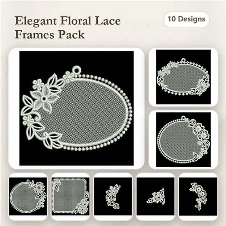 FSL Elegant Floral Lace Frames Embroidery Bundle – Lace Frame with Floral Accents, Floral Lace Frame with Pearls & More (10 Designs)